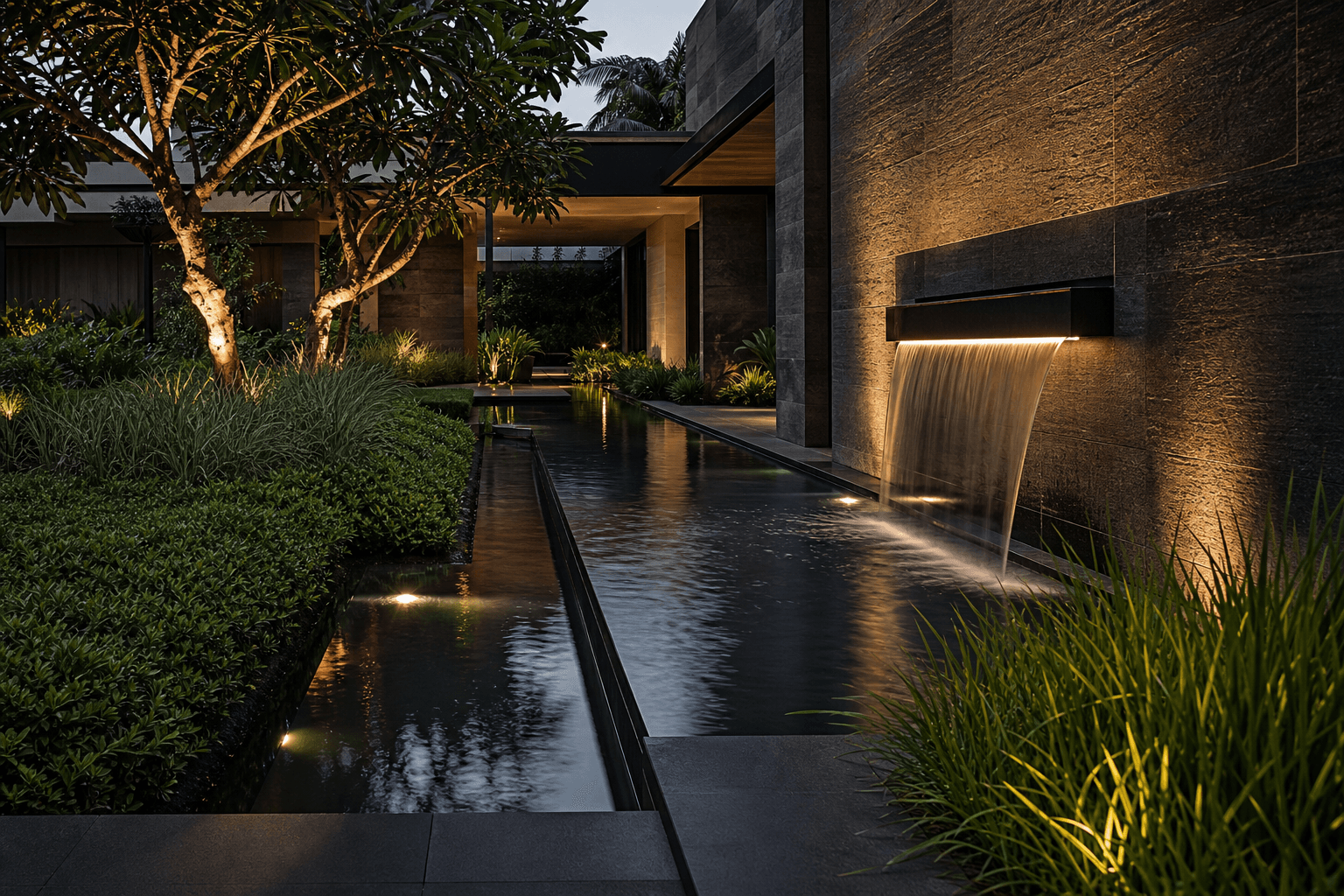 Landscape water feature with architectural lighting