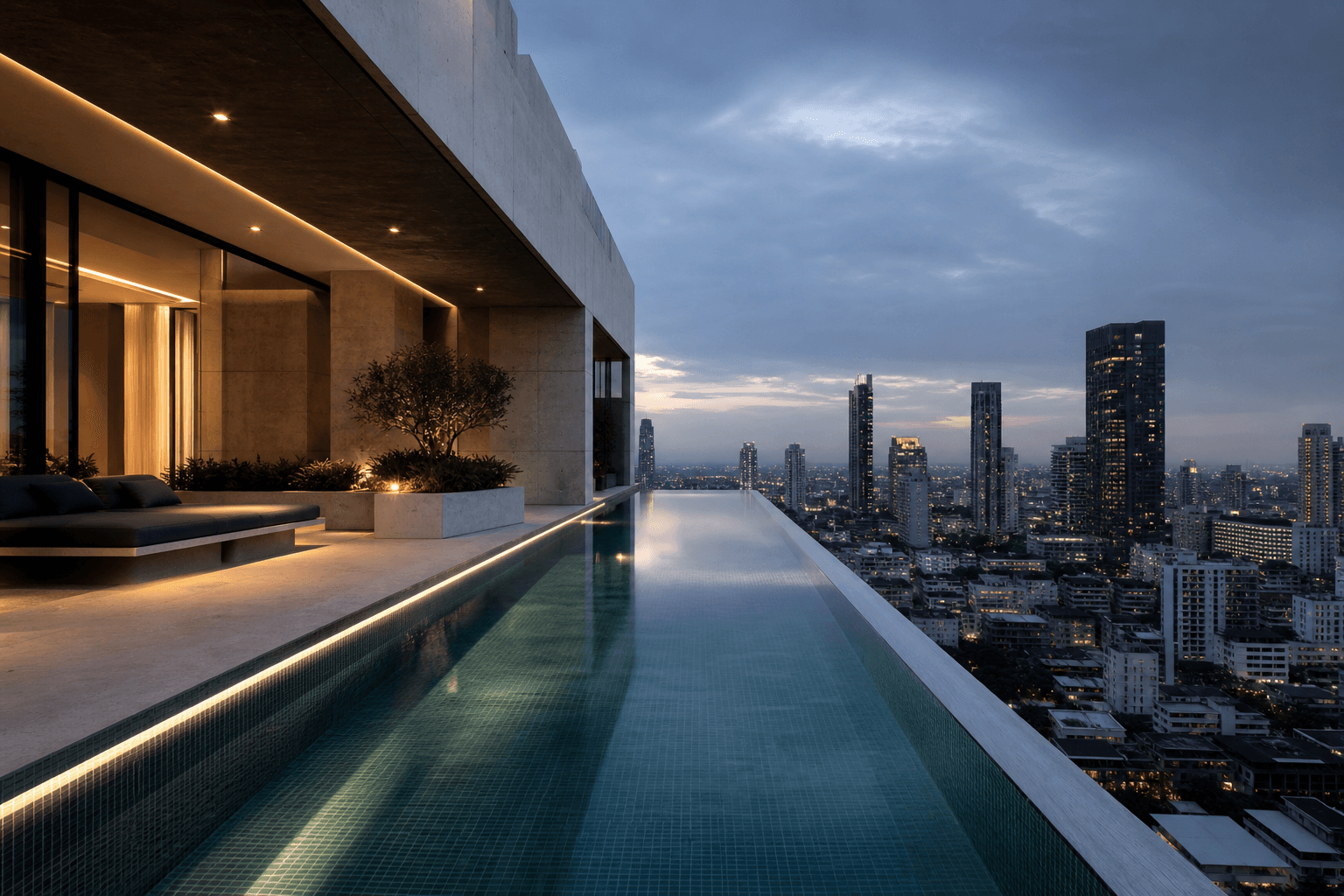 Commercial rooftop infinity pool overlooking a city skyline